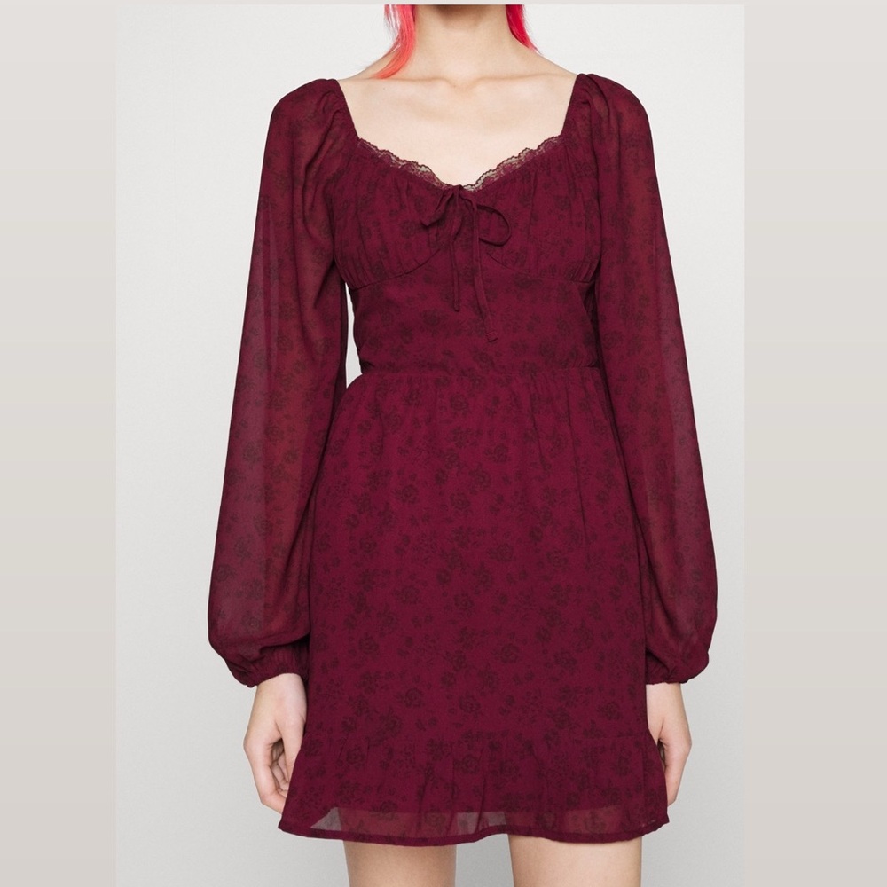 Hollister Maroon Boho Peasant Chiffon Mini Dress size large